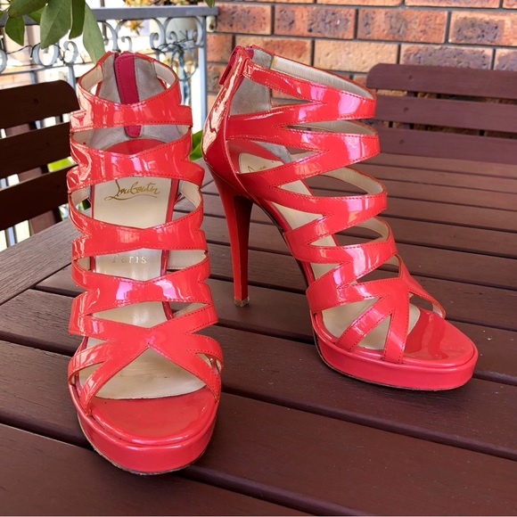 Authentic Christian Louboutin Fernando 120mm Strappy Patent Orange Heels EU37 - Picture 3 of 12